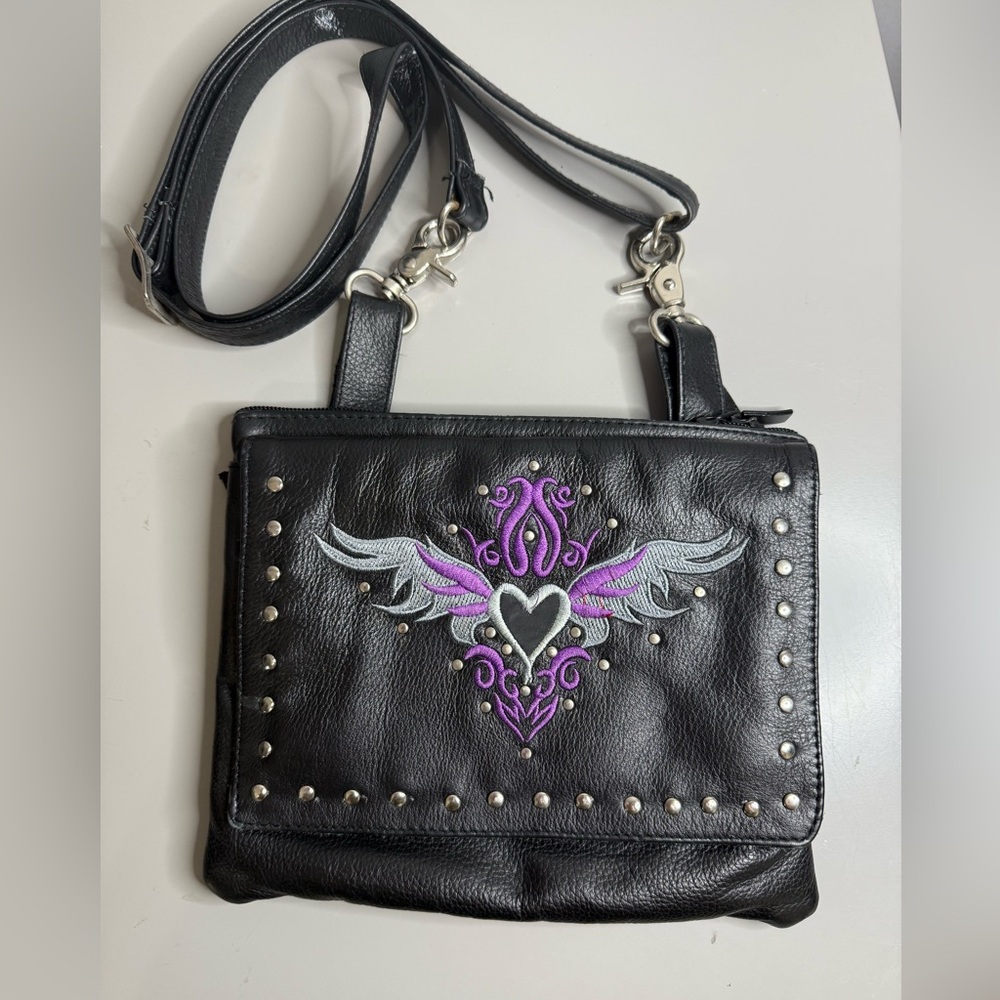 Small Black Leatherette Embroidered Crossbody Bag